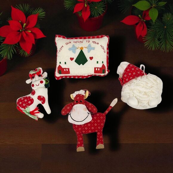 Vintage Farm Animal Christmas Ornaments Set of 4 Fabric Cottagecore Holiday - Picture 1 of 14
